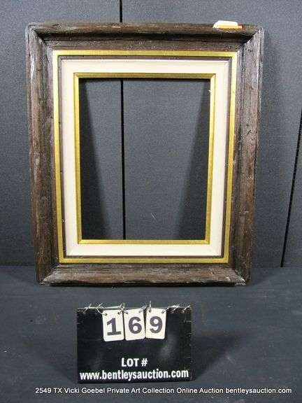 DARK BROWN & GOLD PAINTED, W/ LINEN INLAY, RUSTIC WOODEN FRAME 27 X 31