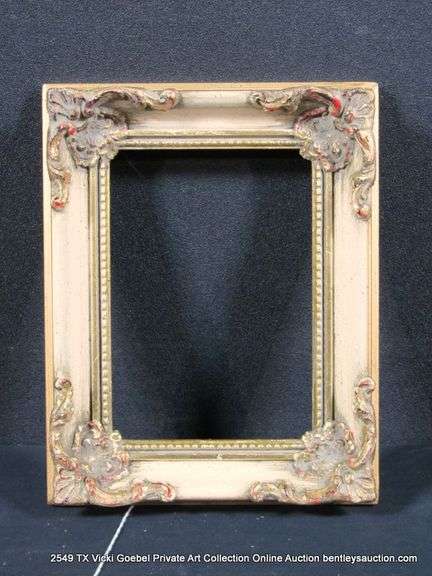 WHITE & GOLD PAINTED, W/ RED ACCENTS, CARVED ORNATE WOODEN FRAME 8 X 10