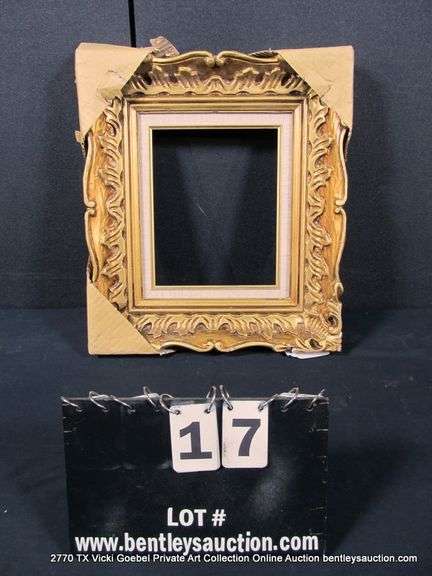 GOLD PAINTED, W/ HEATHERED LINEN INLAY, CARVED WOODEN FRAME 15 X 17