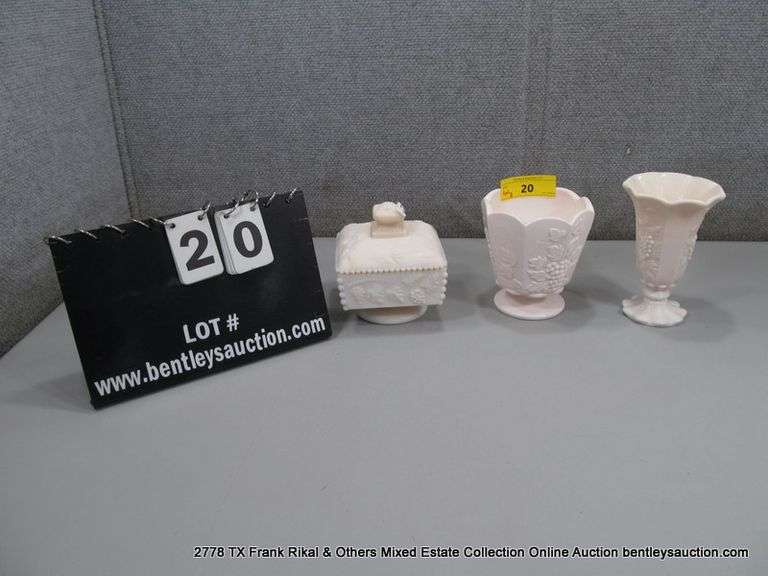 LOT 3: WESTMORELAND MILK & PINK GRAPE DESIGN CANDY DISH, CANDY DISH, TALL VASE
