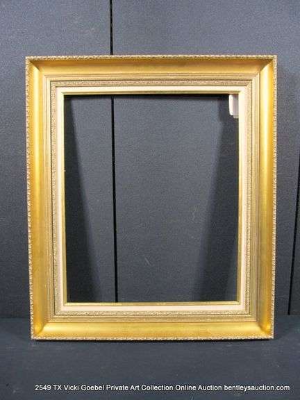 GOLD PAINTED, W/ LINEN INLAY, CARVED WOODEN FRAME 23 X 31