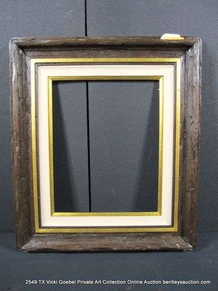 DARK BROWN & GOLD PAINTED, W/ LINEN INLAY, RUSTIC WOODEN FRAME 27 X 31