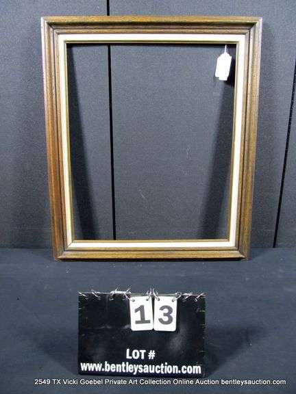 STAINED WALNUT, W/ LINEN INLAY, CARVED WOODEN FRAME 25 X 29