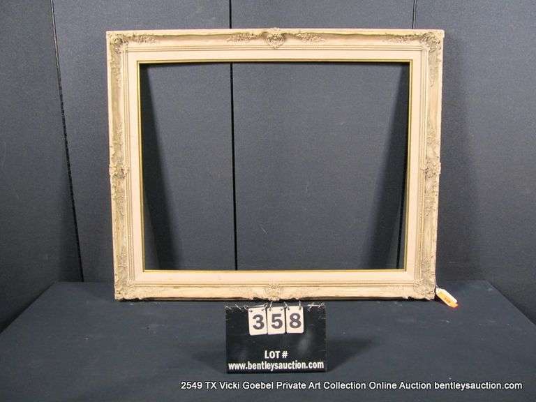 GRAY/BEIGE-WASHED, W/ GOLD ACCENTS, & W/ LINEN INLAY, CARVED ORNATE WOODEN FRAME 30 X 40