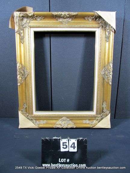 GOLD PAINTED, W/ LINEN INLAY CARVED WOODEN FRAME 28 X 34