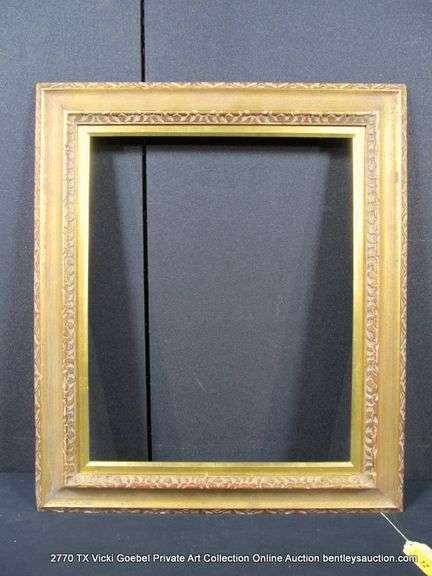 GOLD PAINTED W/ RED ACCENTS, CARVED WOODEN FRAME 25 X 29