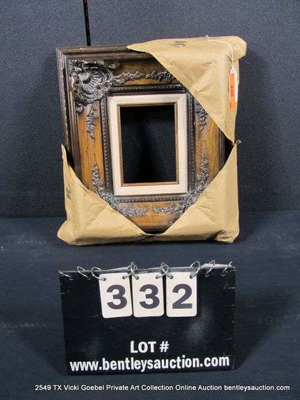 DARK-STAINED, W/ LINEN INLAY, CARVED ORNATE WOODEN FRAME 15 X 17