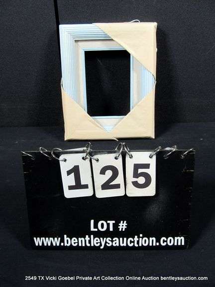 BABY BLUE & WHITE PAINTED, W/ LINEN INLAY, CARVED WOODEN FRAME 9 X 11