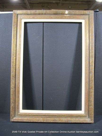 GOLD & RED PAINTED, W/ LINEN INLAY, CARVED WOODEN FRAME 33 X 45