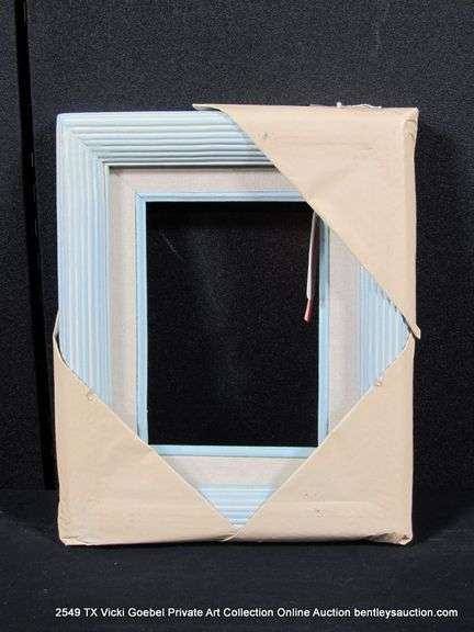BABY BLUE & WHITE PAINTED, W/ LINEN INLAY CARVED WOODEN FRAME 9 X 11