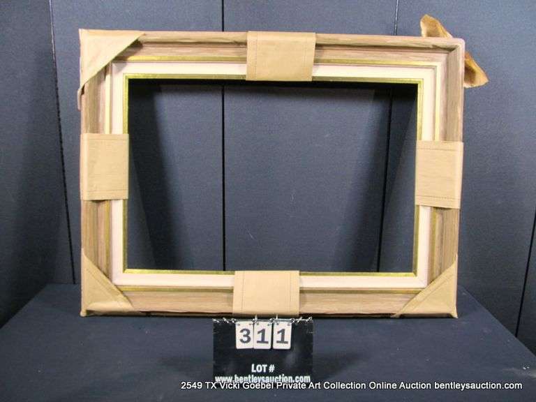 BROWN PAINTED DRIFTWOOD & GOLD PAINTED, W/ LINEN INLAY, CARVED WOODEN FRAME 35 X 47