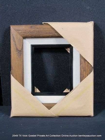 WALNUT STAINED, W/ LINEN & BLACK PAINTED INLAY, WOODEN FRAME 8 X 9