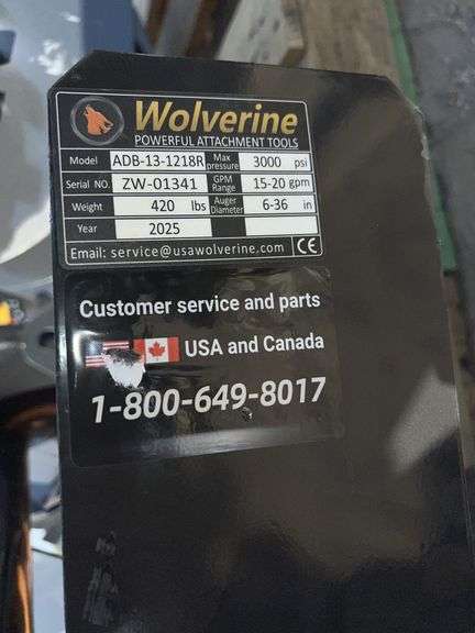 2025 WOLVERINE SKID STEER AUGER DRIVE & BIT ATTACHMENT MODEL: ADB-13-1218R,
