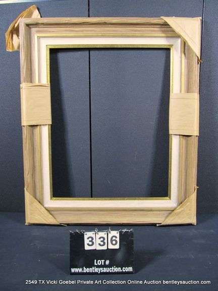 BROWN PAINTED DRIFTWOOD & GOLD PAINTED, W/ LINEN INLAY, CARVED WOODEN FRAME 34 X 41