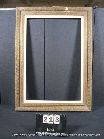 GOLD & RED PAINTED, W/ LINEN INLAY, CARVED WOODEN FRAME 33 X 45