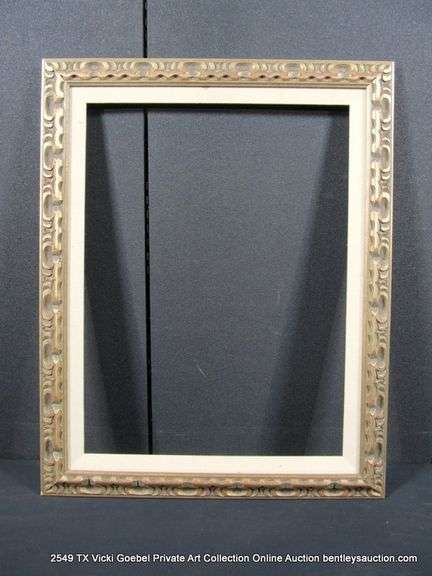 SILVER PAINTED W/ RED ACCENTS, & W/ LINEN INLAY CARVED ORNATE WOODEN FRAME 23 X 29