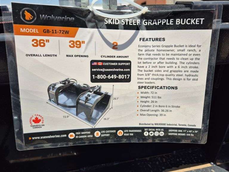2025 WOLVERINE SKID STEER GRAPPLE BUCKET ATTACHMENT MODEL: GB-11-72W, 72"