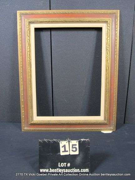 GOLD & RED PAINTED, W/ LINEN INLAY, CARVED WOODEN FRAME 26 X 32