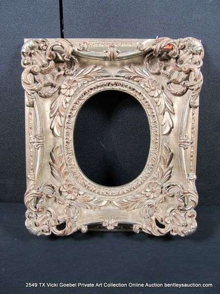 SILVER PAINTED, CARVED ORNATE WOODEN FRAME 17 X 19