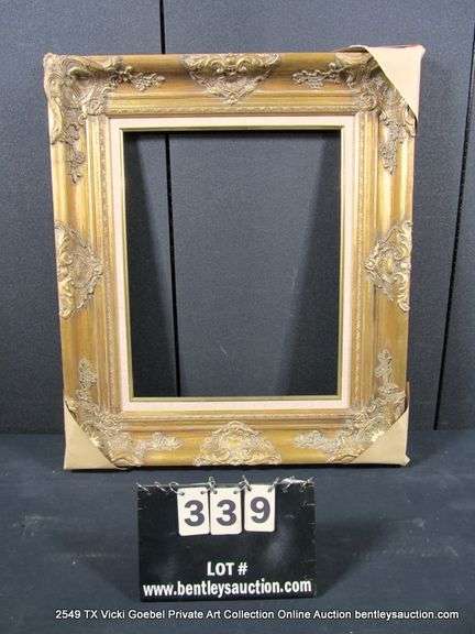 GOLD PAINTED, W/ HEATHERED LINEN INLAY, CARVED ORNATE WOODEN FRAME 26 X 30