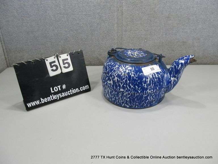 OLD ENAMEL TEAPOT, METAL/ENAMEL (9" X 6 1/4")