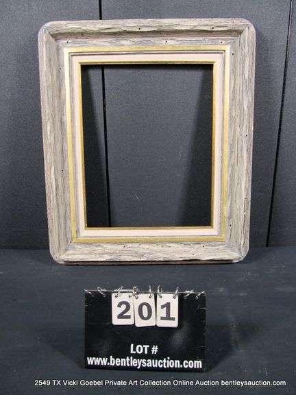 WHITE-WASHED & GOLD PAINTED, W/ LINEN INLAY, CARVED WOODEN FRAME 25 X 29