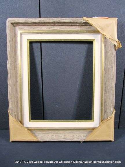 BROWN-WASHED DRIFTWOOD & PAINTED GOLD, W/ LINEN INLAY, CARVED WOODEN FRAME 26 X 30