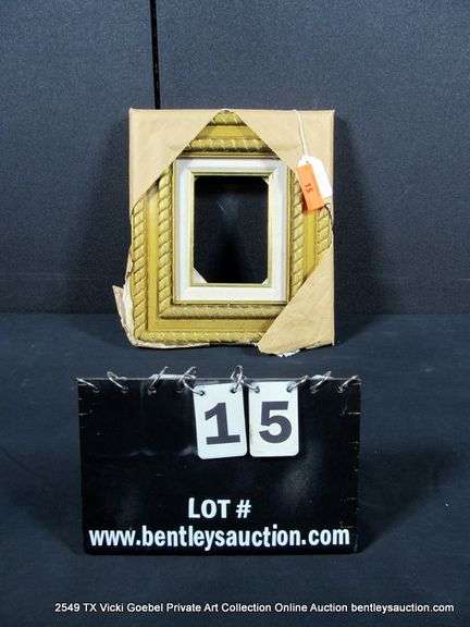 GOLD PAINTED, W/ LINEN INLAY, CARVED ORNATE WOODEN FRAME 12 X 14