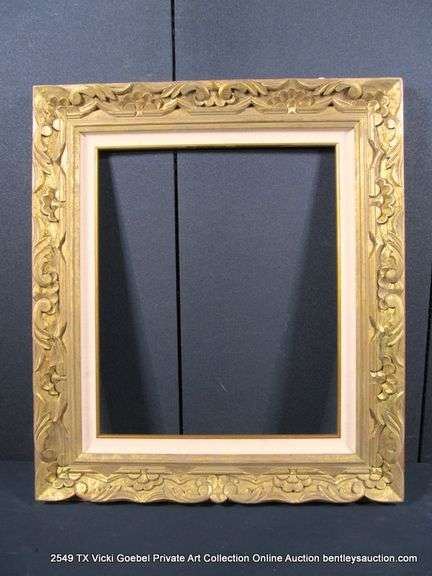 BRONZE PAINTED, W/ LINEN INLAY, CARVED ORNATE WOODEN FRAME 30 X 34