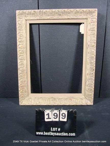 GRAY-WASHED W/ GOLD ACCENTS, W/ LINEN INLAY, CARVED ORNATE WOODEN FRAME 25 X 31