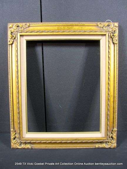 GOLD PAINTED, W/ LINEN INLAY, CARVED ORNATE WOODEN FRAME 23 X 27