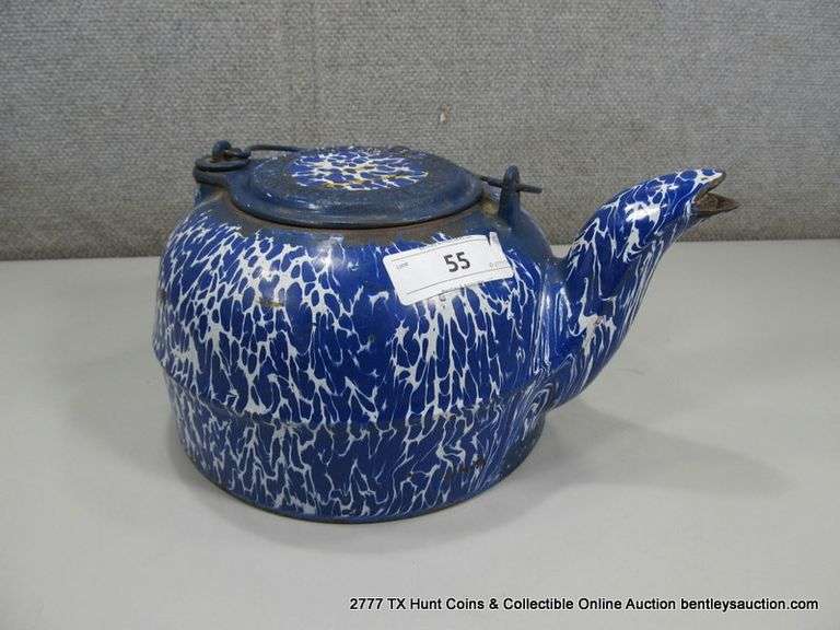 OLD ENAMEL TEAPOT, METAL/ENAMEL (9" X 6 1/4")