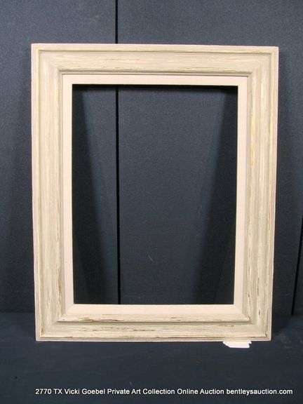 BEIGE/CREAM-WASH & GOLD ACCENTS, W/ LINEN & DRIFTWOOD STYLE INLAY, CARVED WOODEN FRAME 26 X 32