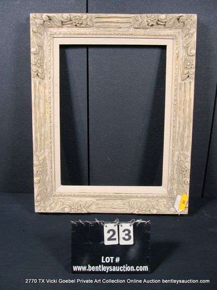GRAY/BEIGE PAINTED & GOLD ACCENTS, W/ LINEN INLAY, CARVED ORNATE WOODEN FRAME 26 X 32
