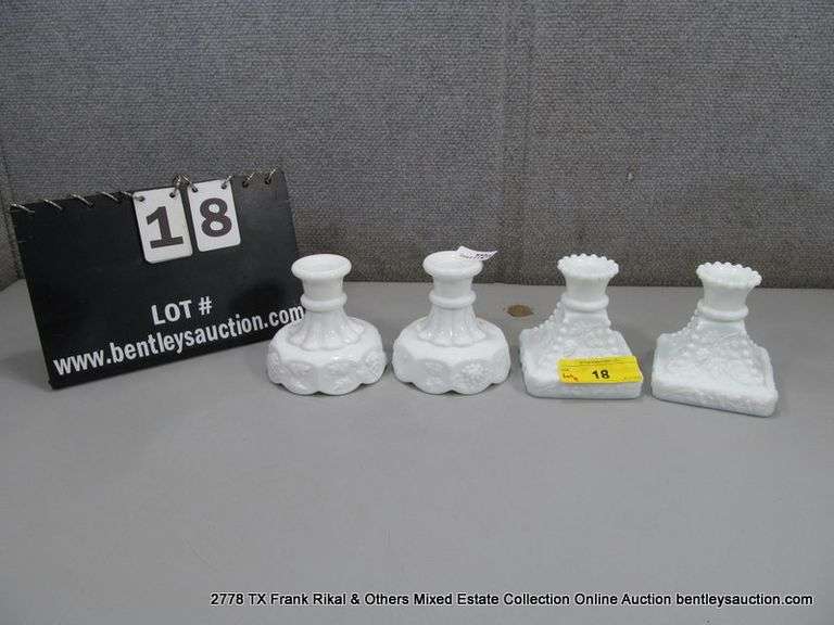 LOT 4: WESTMORELAND GLASS WHITE MILK PANELED GRAPE CANDLE HOLDER - QTY 4