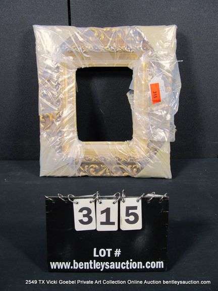 GOLD PAINTED, W/ LINEN INLAY, CARVED ORNATE WOODEN FRAME 17 X 19