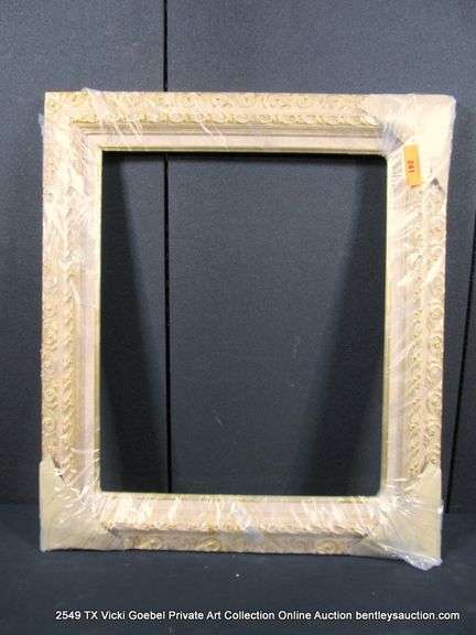 WHITE-WASH & GOLD PAINTED, W/ LINEN INLAY, CARVED ORNATE WOODEN FRAME 27 X 31