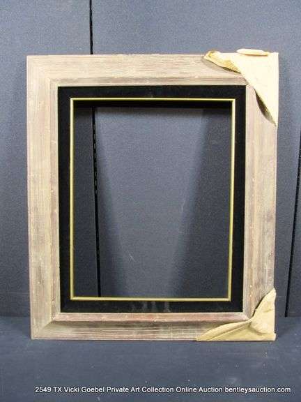STAINED RUSTIC, W/ BLACK PAINTED VELVET & GOLD INLAY, CARVED WOODEN FRAME 25 X 29