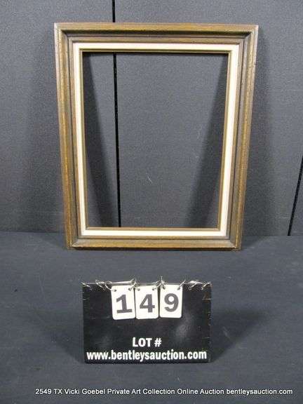 DARK-STAINED WALNUT, W/ LINEN INLAY, CARVED WOODEN FRAME 21 X 25