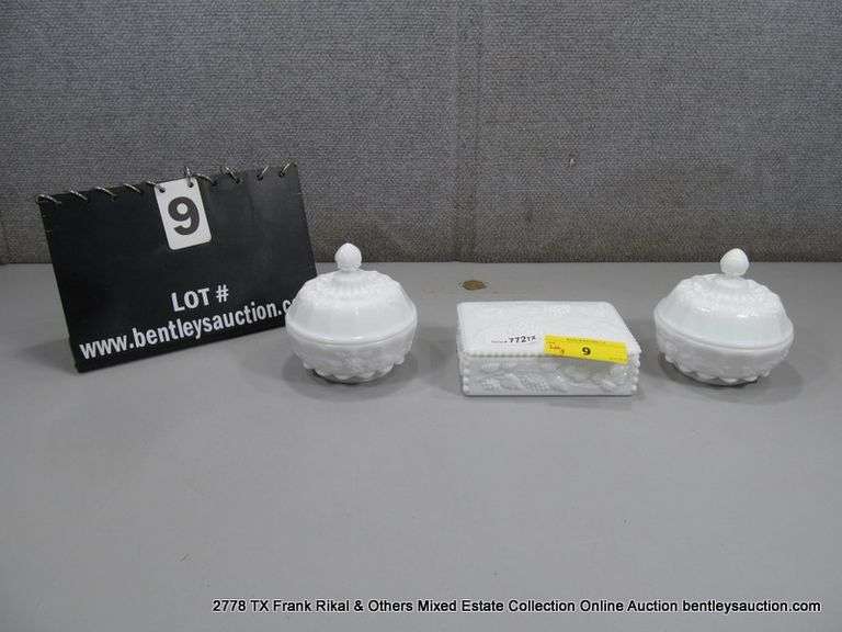 LOT 3: WESTMORELAND MILK GLASS COVERED DISHES: CANDY DISH W/ LID, 2 PANELED GRAPE DESIGN CANDY DISHE