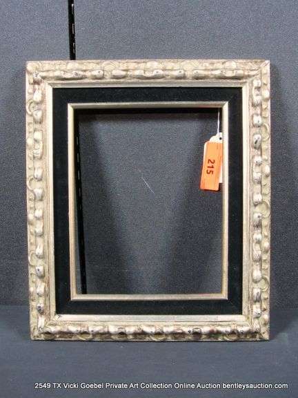 SILVER PAINTED, W/ BLACK VELVET INLAY, CARVED WOODEN FRAME 13 X 15
