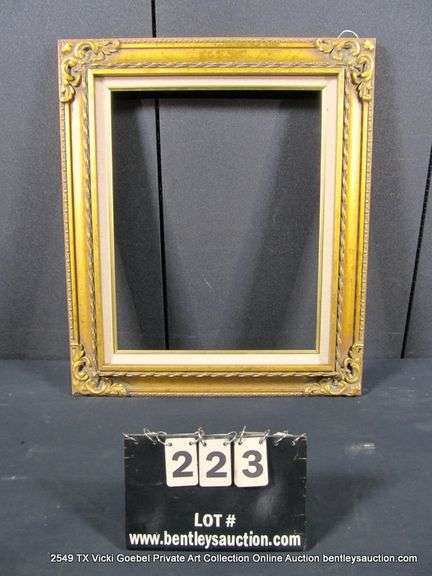 GOLD PAINTED, W/ LINEN INLAY, CARVED ORNATE WOODEN FRAME 23 X 27