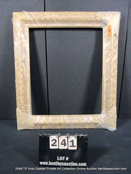 WHITE-WASH & GOLD PAINTED, W/ LINEN INLAY, CARVED ORNATE WOODEN FRAME 27 X 31