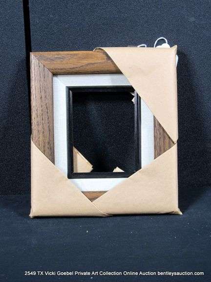 STAINED WALNUT, W/ LINEN & BLACK PAINTED INLAY, WOODEN FRAME 8 X 9