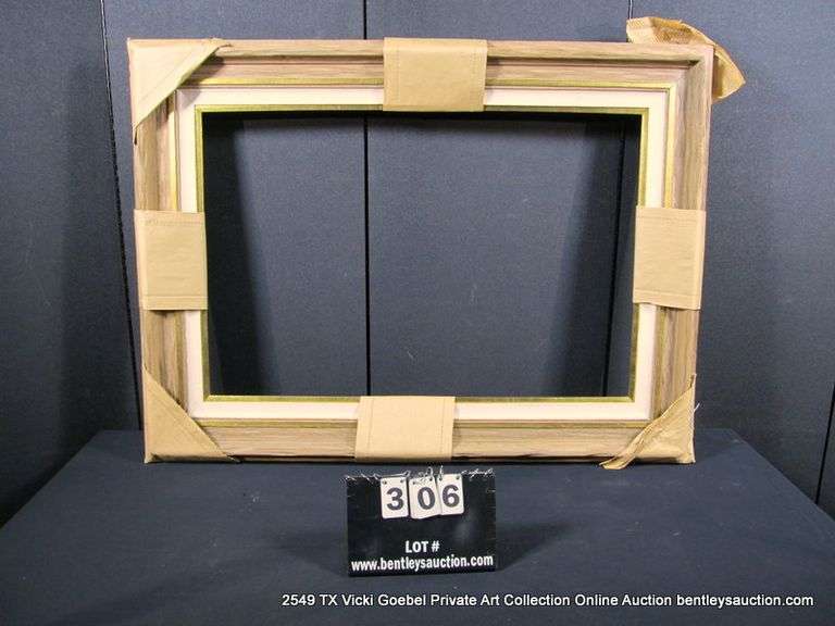 BROWN PAINTED DRIFTWOOD & GOLD PAINTED, W/ LINEN INLAY, CARVED WOODEN FRAME 35 X 47