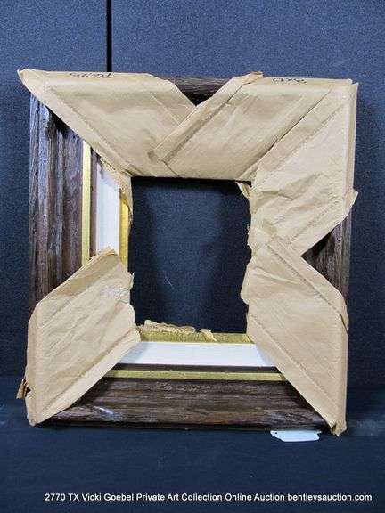 DARK-STAINED & GOLD PAINTED, W/ LINEN INLAY, DRIFTWOOD STYLE CARVED WOODEN FRAME 19 X 21