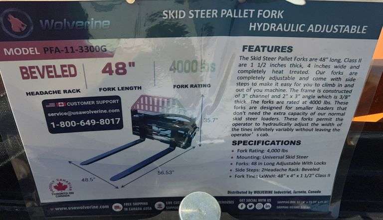 2025 WOLVERINE PALLET FORK HYDRAULIC ADJUSTABLE - FOR SKID LOADER MODEL: PFA-11-3300G,