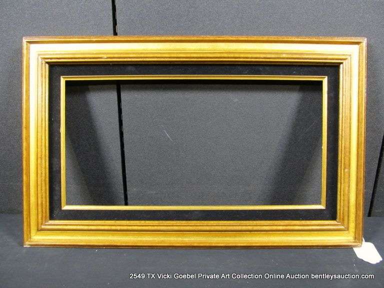 GOLD PAINTED, W/ BLACK VELVET INLAY, CARVED WOODEN FRAME 16 X 26