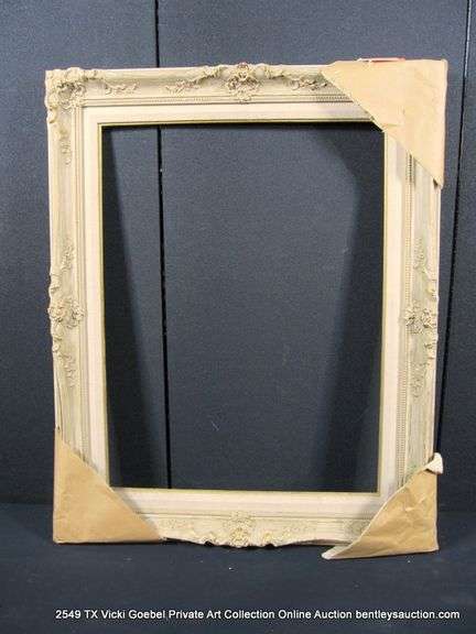 WHITE-WASH & GOLD PAINTED ACCENTS, W/ LINEN INLAY, CARVED ORNATE WOODEN FRAME 28 X 35