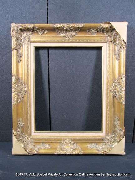 GOLD PAINTED, W/ HEATHERED LINEN INLAY, CARVED ORNATE WOODEN FRAME 26 X 30
